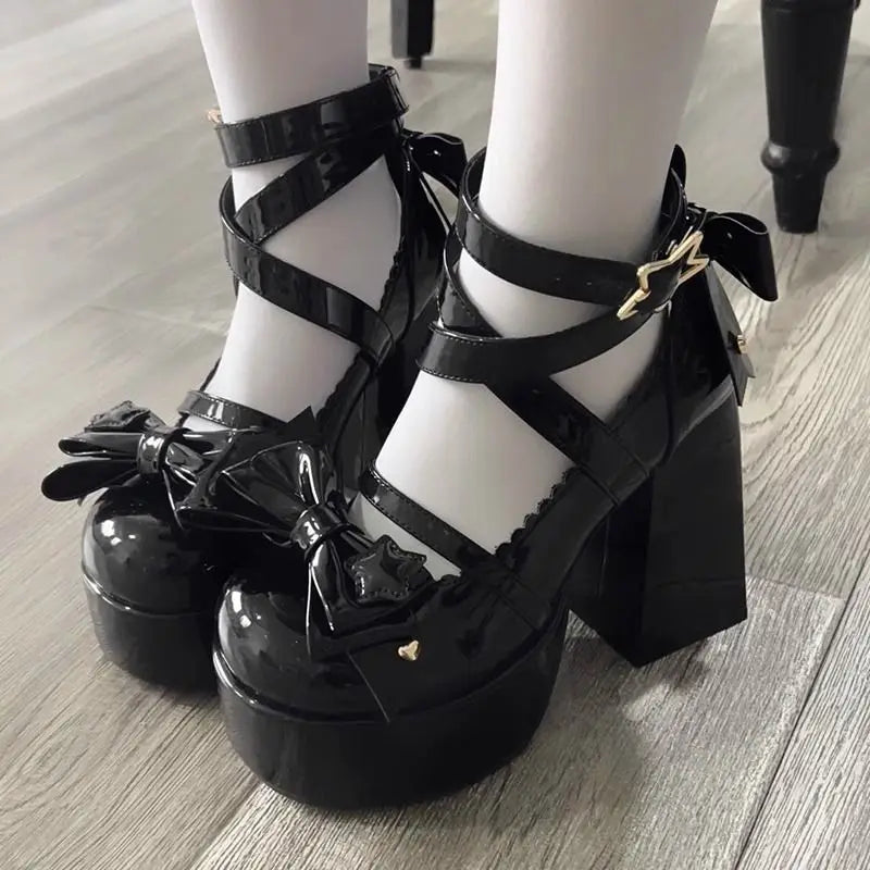 Lolita Shoes Women High Heels Shoes Woman Chunky Sandals Summer Mary Janes PU Leather Shoes Retro Bow Party Platform Pumps