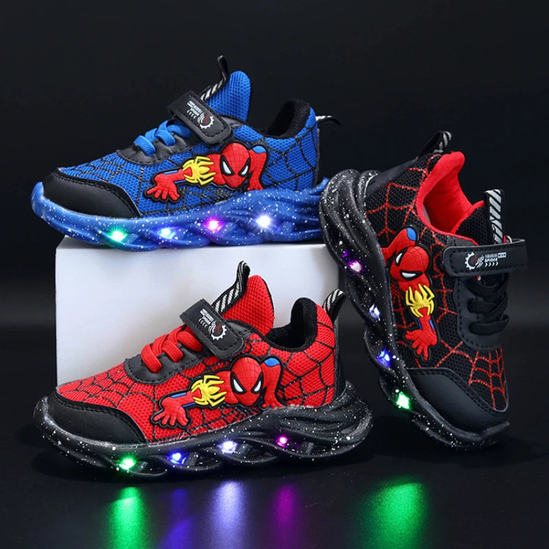 Spring Autumn Boys Spiderman Mesh Breathable Sport Shoes Disney LED Children's Sneakers Kids Casual Shoes Light Shoes for 0-6Y