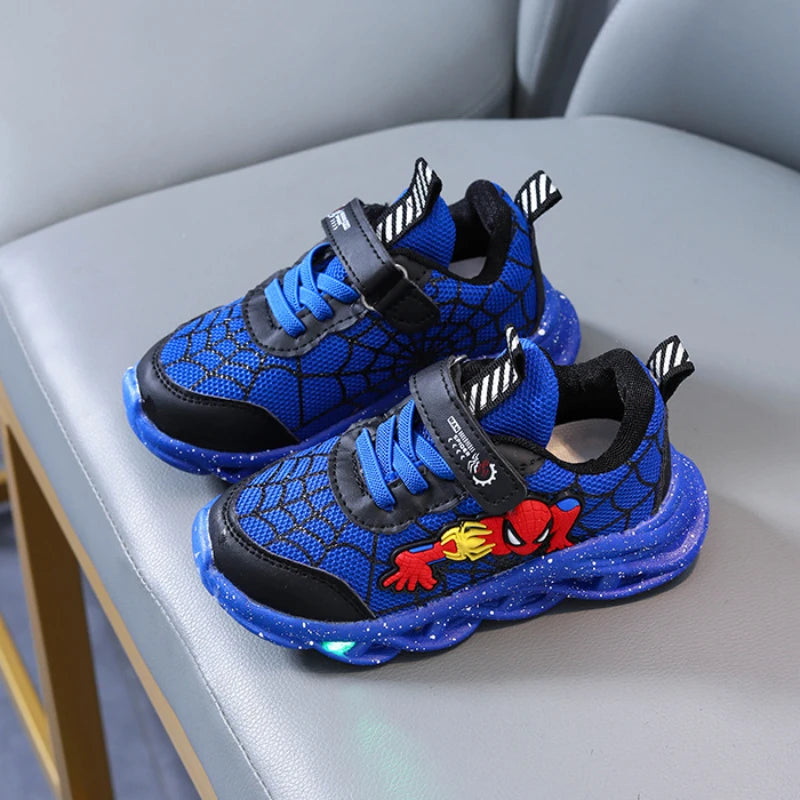 Spring Autumn Boys Spiderman Mesh Breathable Sport Shoes Disney LED Children's Sneakers Kids Casual Shoes Light Shoes for 0-6Y