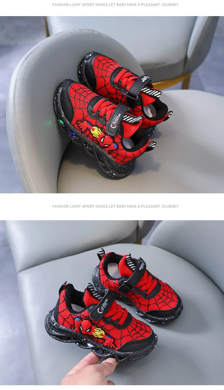 Spring Autumn Boys Spiderman Mesh Breathable Sport Shoes Disney LED Children's Sneakers Kids Casual Shoes Light Shoes for 0-6Y