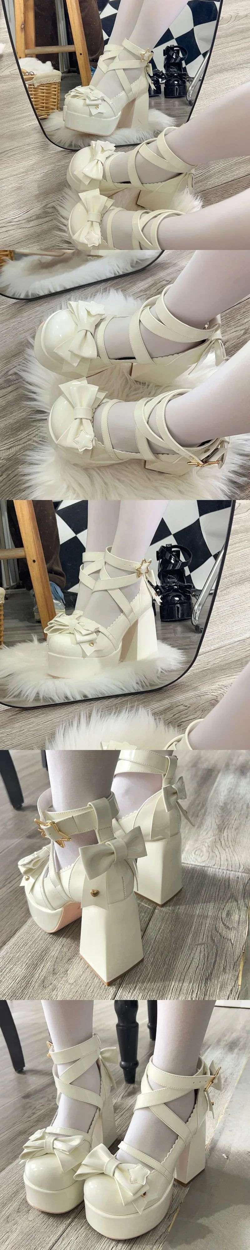 Lolita Shoes Women High Heels Shoes Woman Chunky Sandals Summer Mary Janes PU Leather Shoes Retro Bow Party Platform Pumps