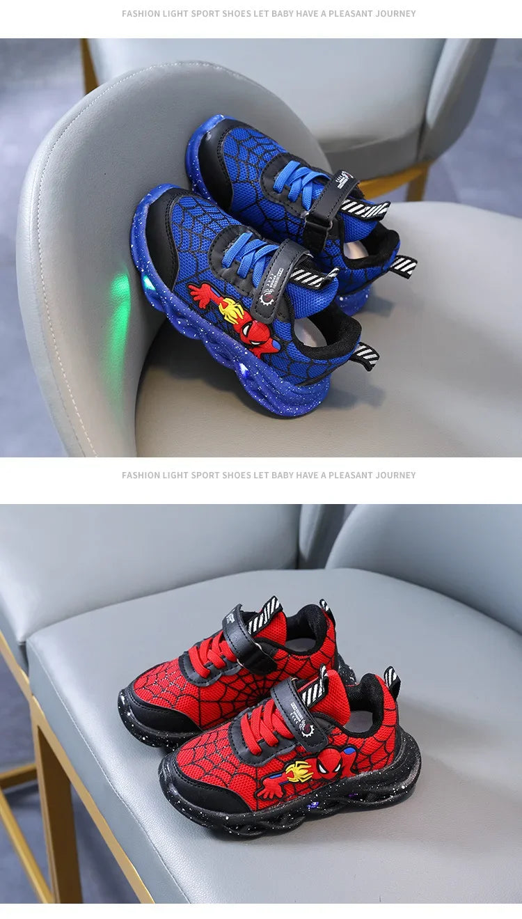 Spring Autumn Boys Spiderman Mesh Breathable Sport Shoes Disney LED Children's Sneakers Kids Casual Shoes Light Shoes for 0-6Y